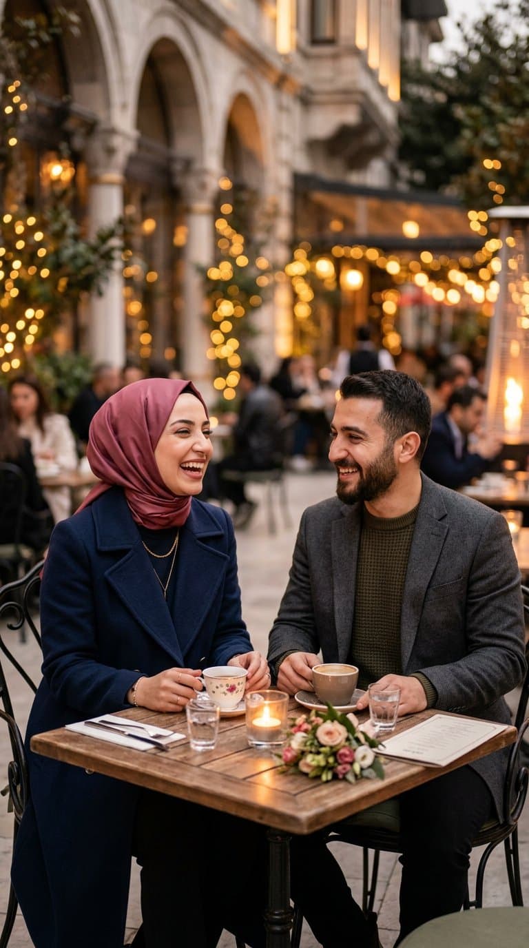 A young couple laughing together over coffee at a warm, candle-lit café